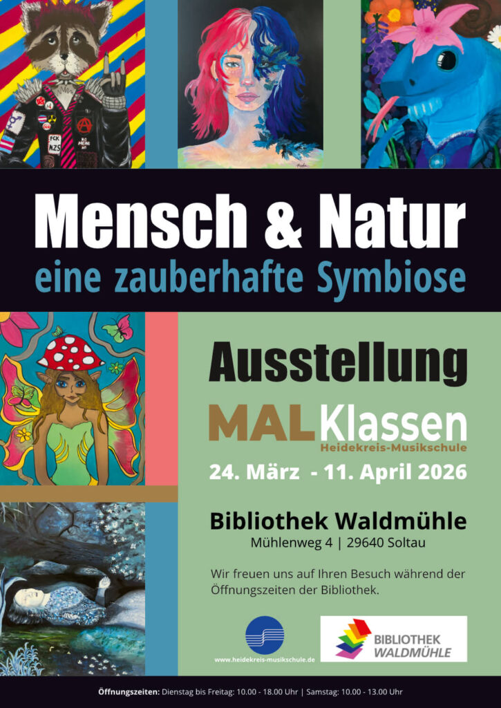 Ausstellung Malklassen der Heidekreis-Musikschule in der Bibliothek Waldmühle Soltau