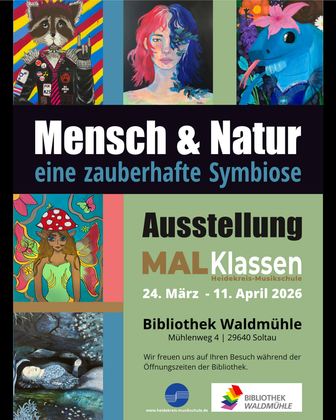 Ausstellung Malklassen der Heidekreis-Musikschule in der Bibliothek Waldmühle Soltau
